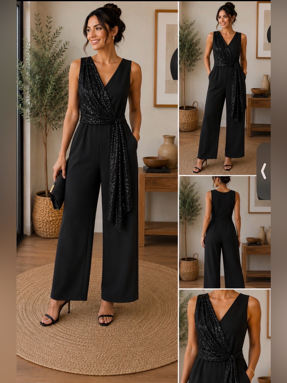 Black One-Shoulder Sequin Sash Jumpsuit
